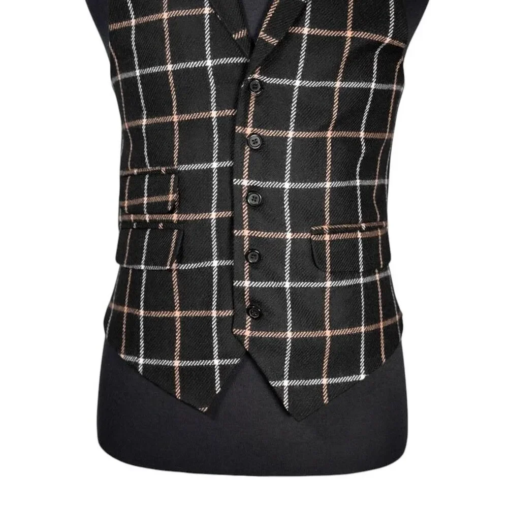 Mens Waistcoat Suit Lapel Vest 40R Black Beige Plaid Check Wool Formal Wedding